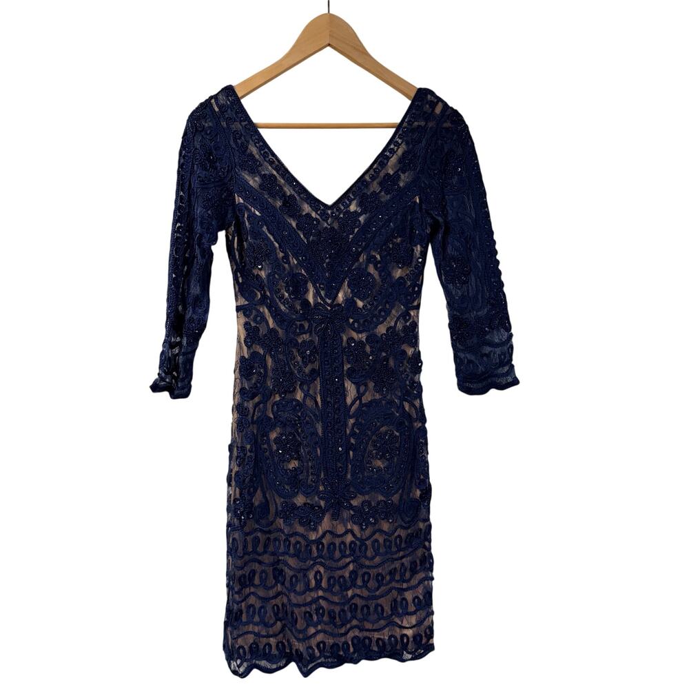 Sue Wong Nocturne Long Sleeve Blue Lace Mini Dress 0